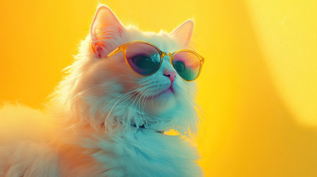 A majestic white cat wearing stylish sunglasses poses against a vibrant, colorful backdrop, exuding charm and elegance in this artistic portrait.の素材