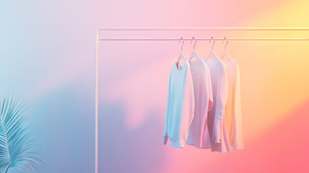 A modern display of stylish clothing on hangers, set against a vibrant, softly illuminated background. Ideal for fashion, retail, or decor themes.の素材
