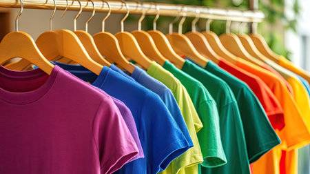 A vibrant display of colorful t-shirts hung neatly on wooden hangers, showcasing a variety of styles and colors in a retail or home setting. Perfect for fashion enthusiasts!の素材