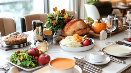 A beautiful Thanksgiving dinner showcasing a turkey centerpiece accompanied by creamy sides, fresh salads, and seasonal decor to create a warm festive atmosphere.の素材