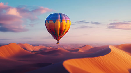 A vibrant hot air balloon gracefully soars over stunning sand dunes at sunset, capturing the essence of adventure and serenity in the vast desert landscape.の素材