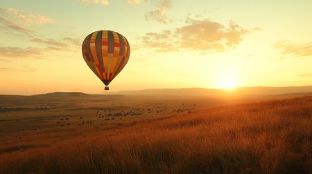 A vibrant hot air balloon rises against a stunning sunrise, capturing the essence of adventure and tranquility in nature's beautiful landscape.の素材