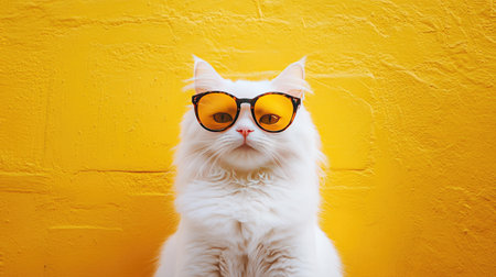 A confident white cat sporting bold sunglasses poses against a vibrant yellow wall, exuding charm and playful personality perfect for a trendy pet collection.の素材