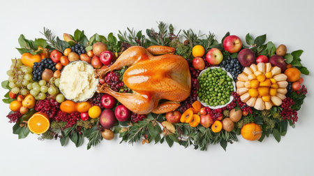 A beautifully arranged Thanksgiving dinner spread featuring a roasted turkey surrounded by colorful fruits, vegetables, and traditional sides, perfect for holiday gatherings.の素材