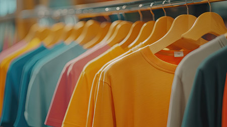 A colorful display of vibrant shirts hanging on wooden hangers, showcasing a range of styles and hues, perfect for casual fashion enthusiasts.の素材