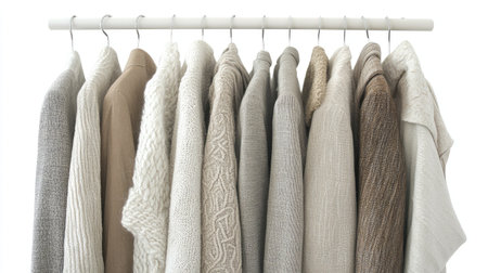 A visually appealing collection of neutral sweaters displayed on a hanger, showcasing a harmonious blend of textures and warm tones, perfect for cozy fashion.の素材