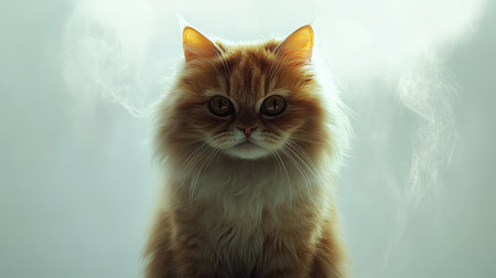 A fluffy cat with a stern expression is captured in soft light, conveying a unique emotion. The detailed portrait highlights its beautiful gaze and calm demeanor.の素材