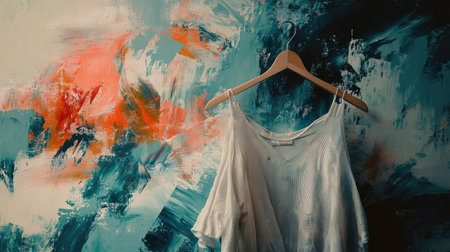 A beautifully flowing garment is displayed on a wooden hanger against an artistic background, showcasing vibrant colors and textures, perfect for fashion photography.の素材