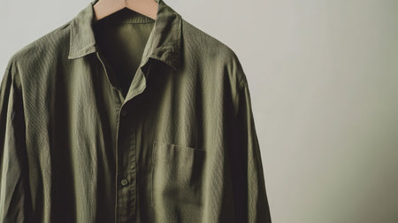A stylish olive green full sleeve shirt for men, featuring a relaxed fit and a subtle pocket detail. Ideal for casual wear or layering in any wardrobe.の素材