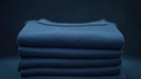 A neat stack of blue shirts suitable for both men and women. Perfect for showcasing casual clothing in a minimalistic style, ideal for fashion presentations.の素材