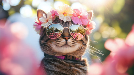 A stylish tabby cat poses majestically in a floral headband and sunglasses, soaking up the sun and exuding charm amidst a vibrant garden backdrop.の素材
