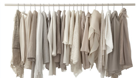 An elegant display of clothing in neutral tones on a hanger, showcasing a harmonious selection of textures and styles for a contemporary wardrobe. Ideal for fashion inspiration.の素材