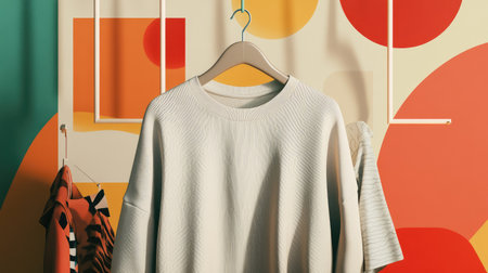 A stylish casual outfit hangs on a minimalist hanger, set against a vibrant, modern backdrop of colorful shapes, perfect for fashion and design inspiration.の素材