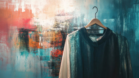 A stylish garment elegantly displayed on a hanger against a vibrant, artistic background, showcasing creativity and modern fashion aesthetics.の素材