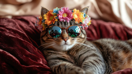 This charming tabby cat wears stylish sunglasses and a floral crown, exuding a vibrant personality in a cozy indoor setting, perfect for pet lovers.の素材