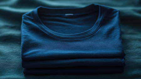 A neatly folded deep blue shirt designed for both men and women, showcasing a modern aesthetic and comfortable fabric. Ideal for casual wear and layering.の素材