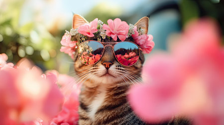 A glamorous tabby cat strikes a playful pose with sunglasses and a floral crown, surrounded by vibrant blossoms, capturing a delightful summer vibe.の素材