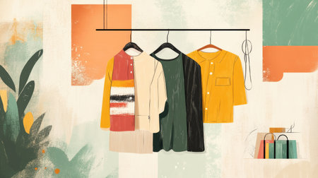 Discover a vibrant collection of casual outfits beautifully displayed on a hanger. This artistic illustration features stylish clothing in a modern setting, perfect for fashion enthusiasts.の素材