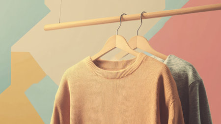 A trendy display of casual outfits hanging on wooden hangers against a vibrant, colorful background. Perfect for fashion and interior inspiration.の素材