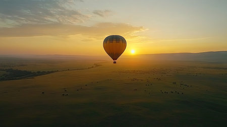 A vibrant hot air balloon gently rises at sunrise, casting a colorful silhouette over a serene landscape. Ideal for nature and travel enthusiasts, this image captures the essence of adventure.の素材