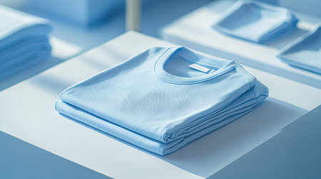 A neatly stacked light blue unisex shirt displayed on a clean surface, showcasing its soft texture and modern design, perfect for casual wear.の素材