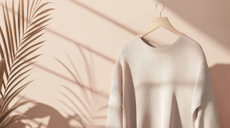 A minimalist display of soft, neutral clothes on a hanger, illuminated by gentle shadows, creating a warm and inviting atmosphere perfect for modern decor.の素材