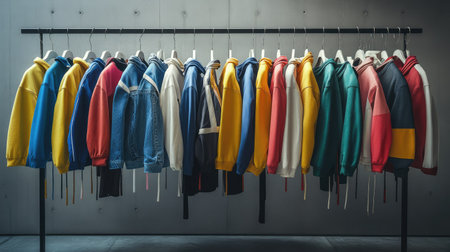 A vibrant display of colorful sweaters and jeans arranged in a stylish lineup, showcasing modern fashion trends and appealing textiles for casual wear.の素材