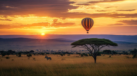 Experience the breathtaking beauty of a hot air balloon soaring over the Masai landscape at sunset, with vibrant colors illuminating the horizon.の素材
