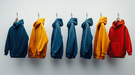 A minimalist display featuring colorful hoodies arranged on hangers in a contemporary setting. Ideal for fashion, apparel, and interior design themes.の素材