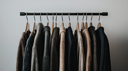 A minimalist display of clothes hanging on a sleek rack. The neutral tones and textures create a calming aesthetic, perfect for stylish interiors and fashion inspiration.の素材