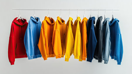 A minimalist display featuring a range of colorful hoodies hanging on a rack. This modern fashion image showcases vibrant hues and casual style perfect for contemporary clothing collections.の素材