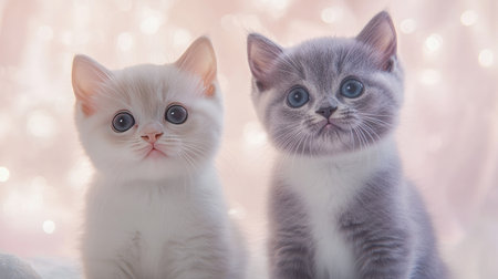 Two charming British Shorthair kittens sit close together, showcasing their large, captivating eyes. The soft, dreamy background adds warmth and beauty to this delightful moment.の素材