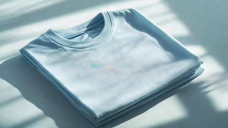 A light blue shirt folded neatly, showcasing its soft fabric and modern design. Perfect for both men and women, this versatile garment fits any casual occasion.の素材