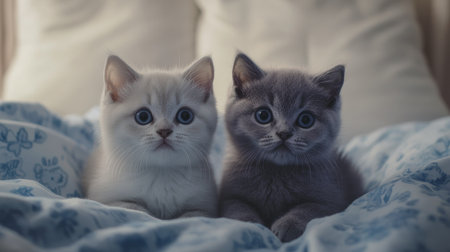 Two charming British Shorthair kittens sit together on a cozy blanket, showcasing their adorable features and playful personalities. Perfect for pet lovers!の素材