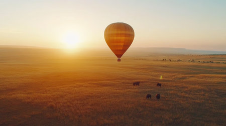 A beautiful hot air balloon ascends over the stunning Masai Mara landscape at sunrise, showcasing the expansive plain and serene wildlife below.の素材