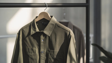 A stylish olive full sleeve shirt for men displayed on a hanger. The shirt captures contemporary fashion trends, perfect for casual or formal occasions.の素材