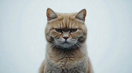 This captivating portrait features a stern short-haired cat with a somber expression, highlighting its unique personality and striking features against a simple background.の素材