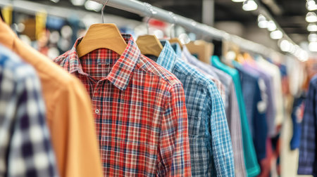 A vibrant array of shirts neatly displayed on hangers in a retail space, showcasing various colors and patterns. Ideal for fashion and retail visuals.の素材