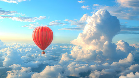 A vibrant red balloon soars gracefully through the fluffy white clouds under a bright blue sky, evoking a sense of adventure and freedom in the air.の素材