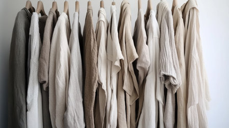 A stylish arrangement of beige, white, and gray clothing hanging elegantly on wooden hangers, showcasing a minimalist and cozy fashion aesthetic. Perfect for interior and fashion inspiration.の素材