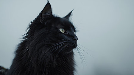 A regal black cat gazes somberly off into the distance, displaying a striking profile. Its elegant fur and captivating expression evoke a sense of tranquility and mystery.の素材