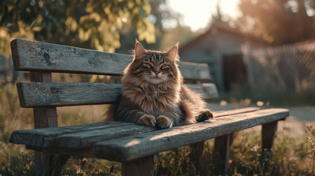 A charming Siberian cat relaxes on a weathered wooden bench, basking in the gentle sunlight of a summer afternoon. Ideal for nature and pet lovers.の素材