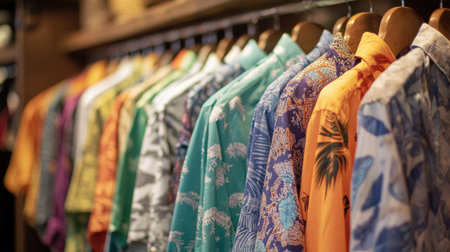 A stunning array of neatly hung shirts displayed in a boutique, showcasing vibrant colors and intricate patterns that capture the essence of modern fashion.の素材