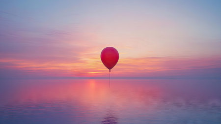 A vibrant red balloon drifts effortlessly over a tranquil body of water during sunset, creating a dreamlike and serene atmosphere perfect for artistic visuals.の素材