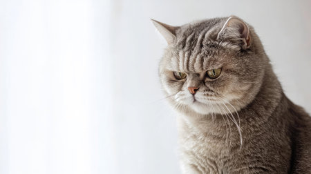 A close-up portrait of a solemn short-haired cat with a serious expression. The cat's fluffy gray fur and focused gaze capture a moment of tranquility and beauty.の素材