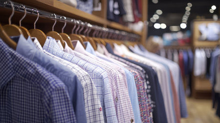 A vibrant display of stylish shirts on hangers in a retail store, showcasing various colors and patterns. Perfect for fashion inspiration and shopping ideas.の素材