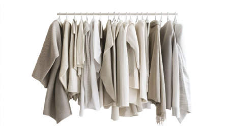 This image showcases a beautifully arranged set of beige and white textiles, draped elegantly on a display rack. Perfect for interior decor inspiration.の素材