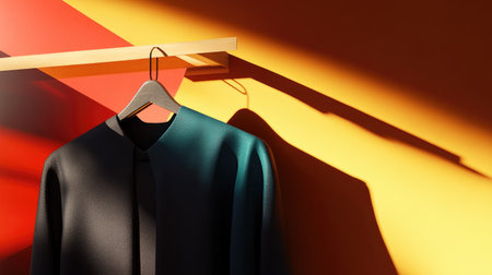A stylish modern clothing hanger featuring sleek apparel against a vibrant backdrop. Capturing contemporary design and warm lighting, perfect for showcasing fashion.の素材