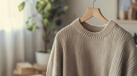 A soft cashmere sweater elegantly displayed on a wooden hanger. This cozy piece captures a serene ambiance, perfect for showcasing indoor fashion and comfort.の素材