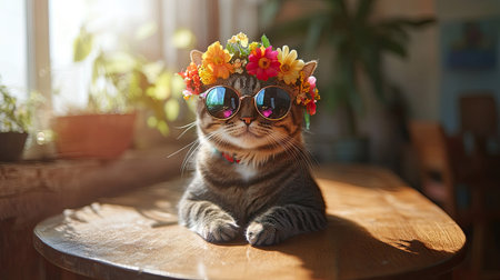 A charming tabby cat wears a vibrant flower crown and stylish sunglasses, radiating a sassy personality in a sunlit room. Perfect for animal lovers!の素材